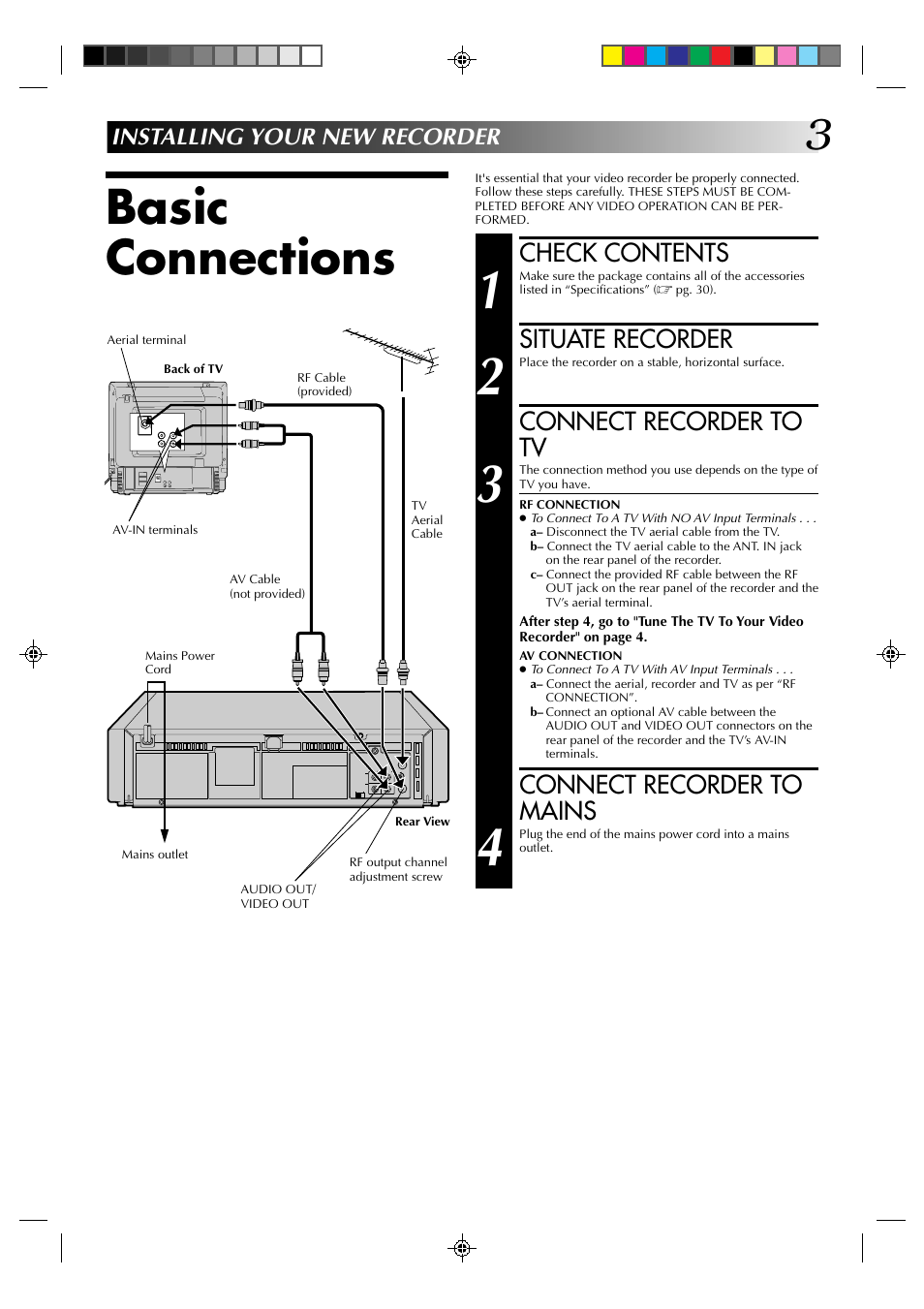 Basic connections, Check contents, Situate recorder | Connect recorder to tv, Connect recorder to mains, Installing your new recorder | JVC HR-J435EA User Manual | Page 3 / 31