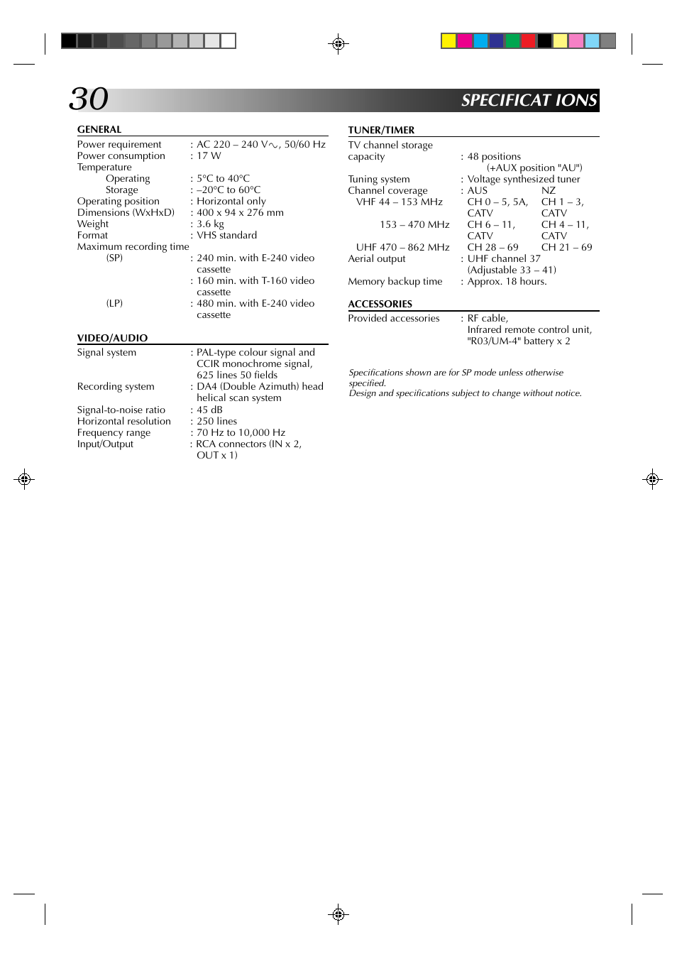 Specificat ions | JVC HR-J435EA User Manual | Page 30 / 31