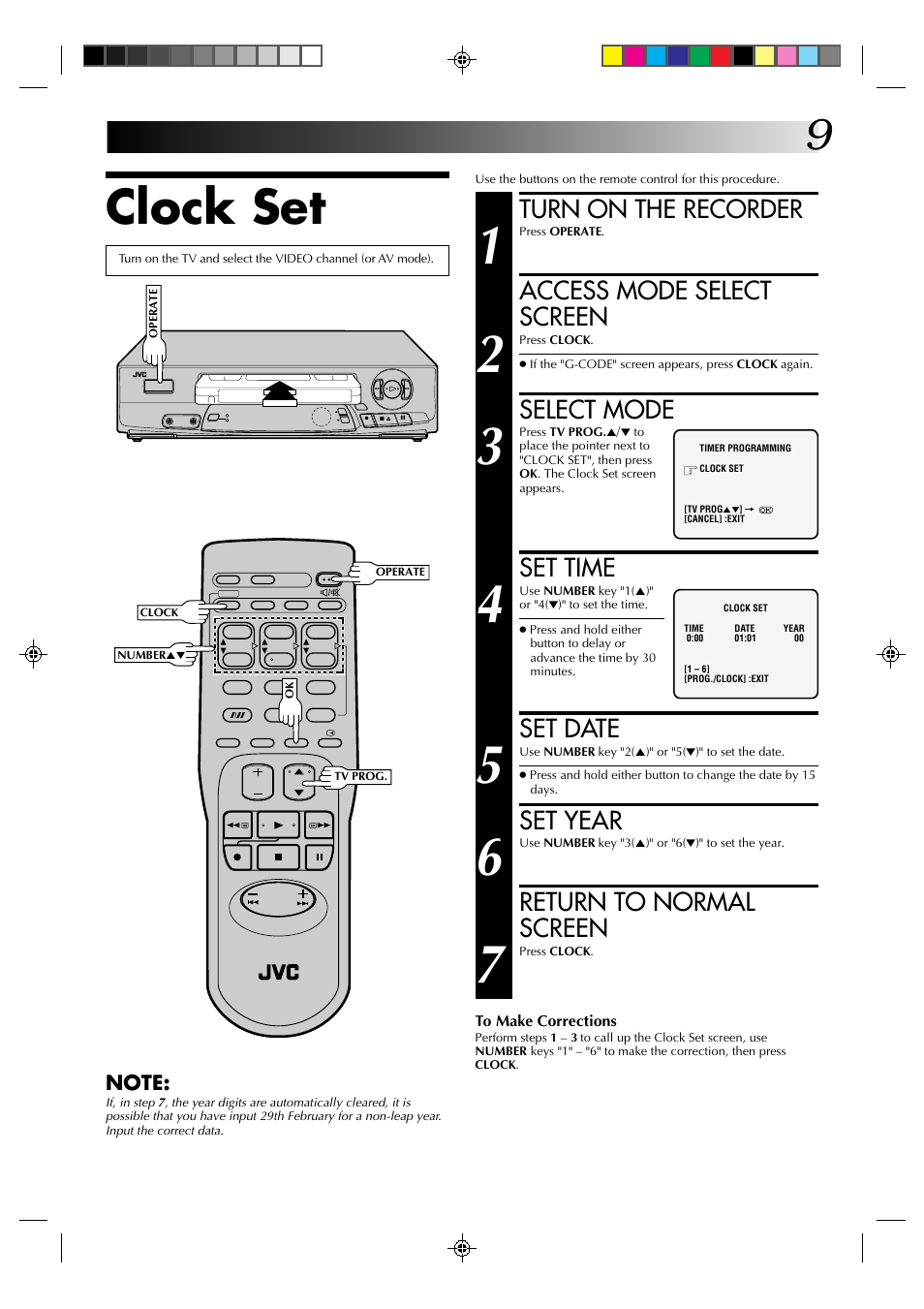 Clock set, Turn on the recorder, Access mode select screen | Select mode, Set time, Set date, Set year, Return to normal screen | JVC HR-J435EA User Manual | Page 9 / 31