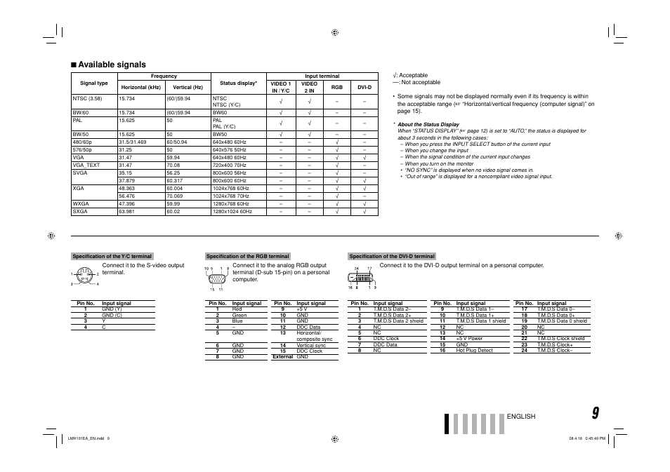 Available signals, 7 available signals | JVC LM-H191 User Manual | Page 10 / 18