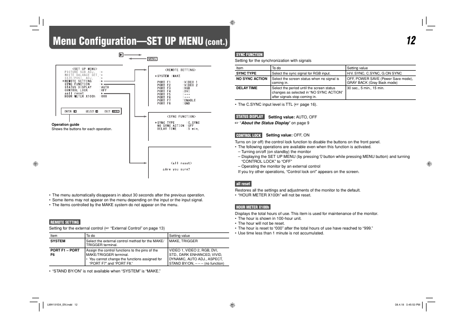 Menu configuration—set up menu, Cont.) | JVC LM-H191 User Manual | Page 13 / 18