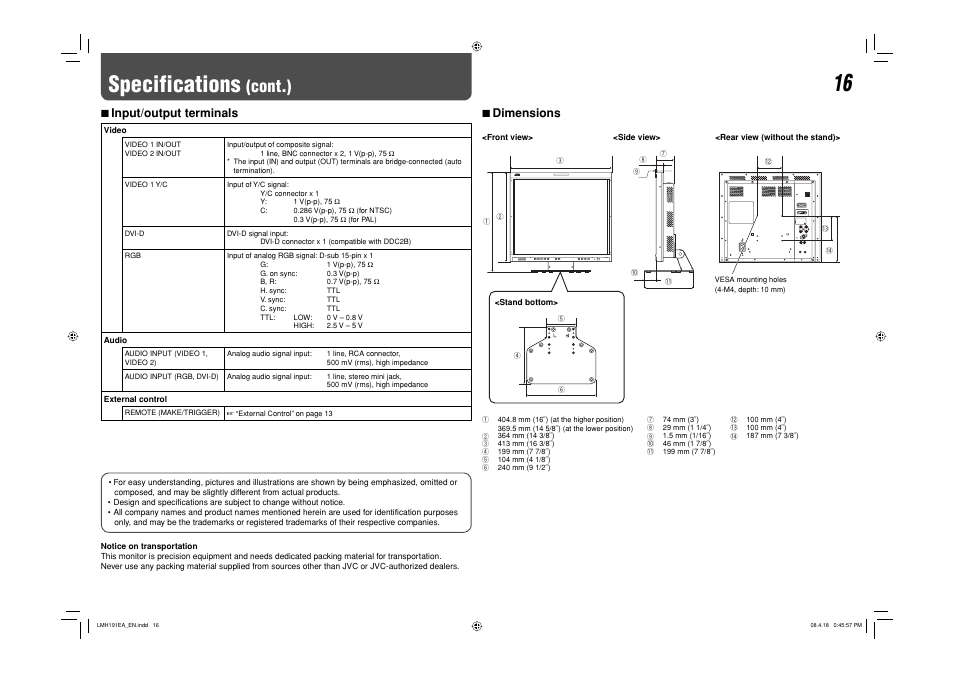 Input/output terminals, Dimensions, Specifications | Cont.), 7 input/output terminals, 7 dimensions | JVC LM-H191 User Manual | Page 17 / 18