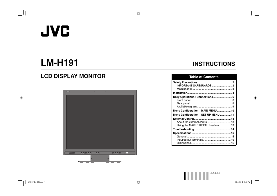 Lm-h191, Instructions, Lcd display monitor | JVC LM-H191 User Manual | Page 2 / 18