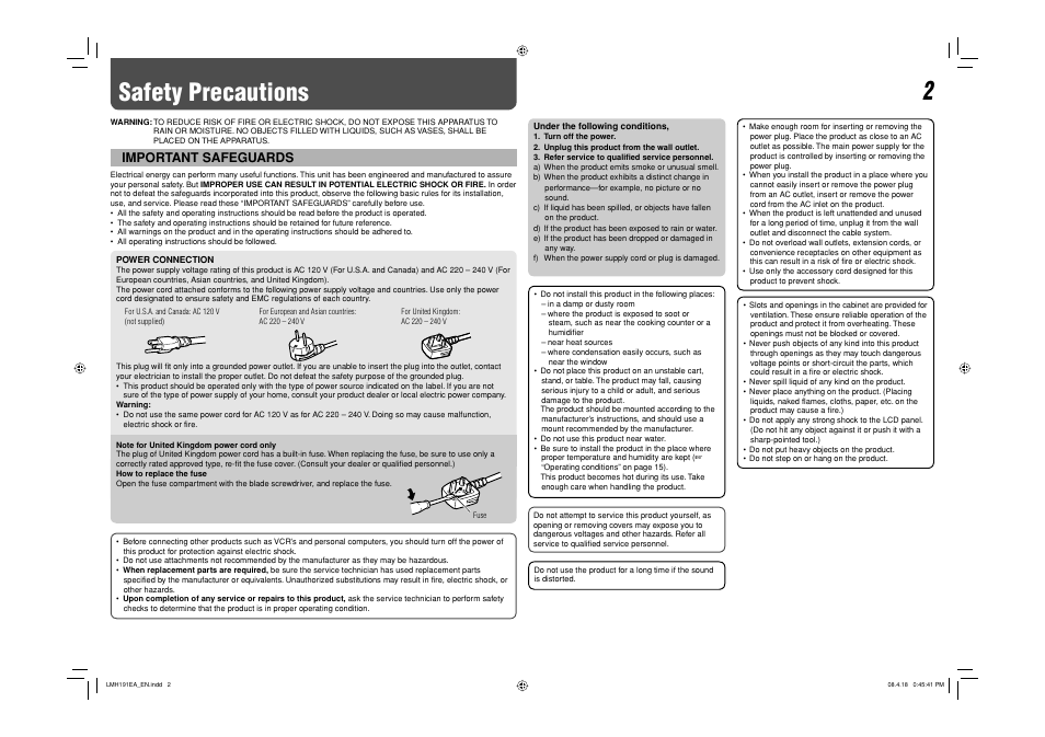 Safety precautions, Important safeguards | JVC LM-H191 User Manual | Page 3 / 18