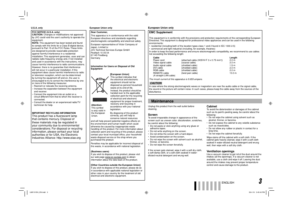 Maintenance | JVC LM-H191 User Manual | Page 4 / 18