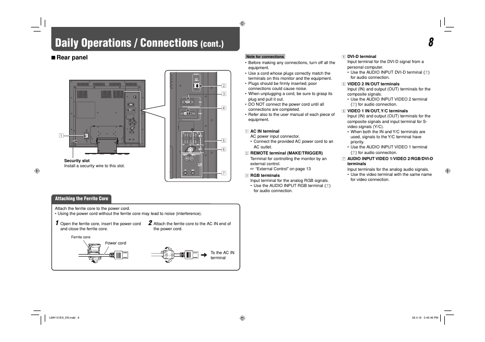 Rear panel, Daily operations / connections, Cont.) | 7 rear panel | JVC LM-H191 User Manual | Page 9 / 18