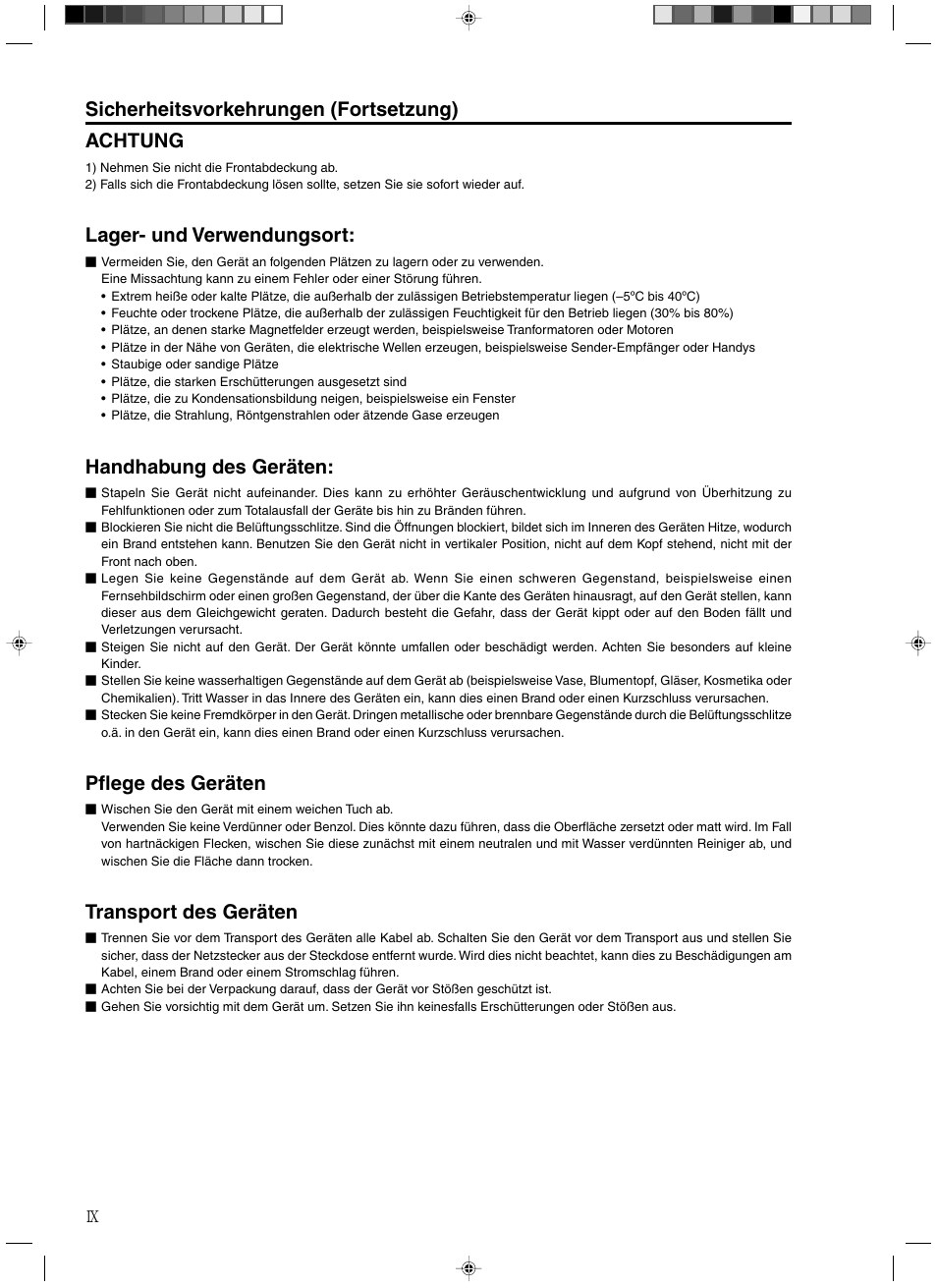 Sicherheitsvorkehrungen (fortsetzung) achtung, Lager- und verwendungsort, Handhabung des geräten | Pflege des geräten, Transport des geräten | JVC RM-HP250DE User Manual | Page 10 / 44