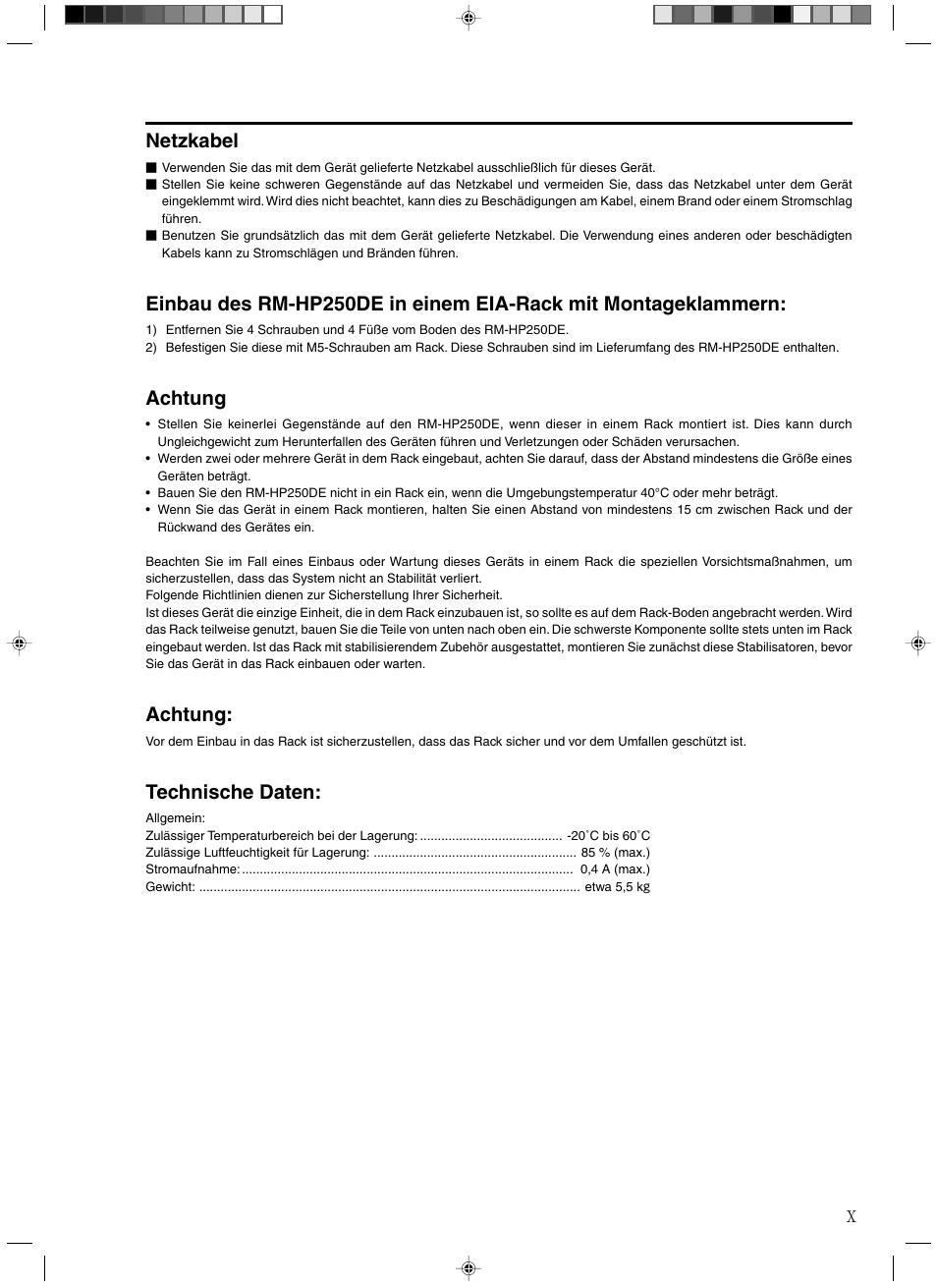 Netzkabel, Achtung, Technische daten | JVC RM-HP250DE User Manual | Page 11 / 44