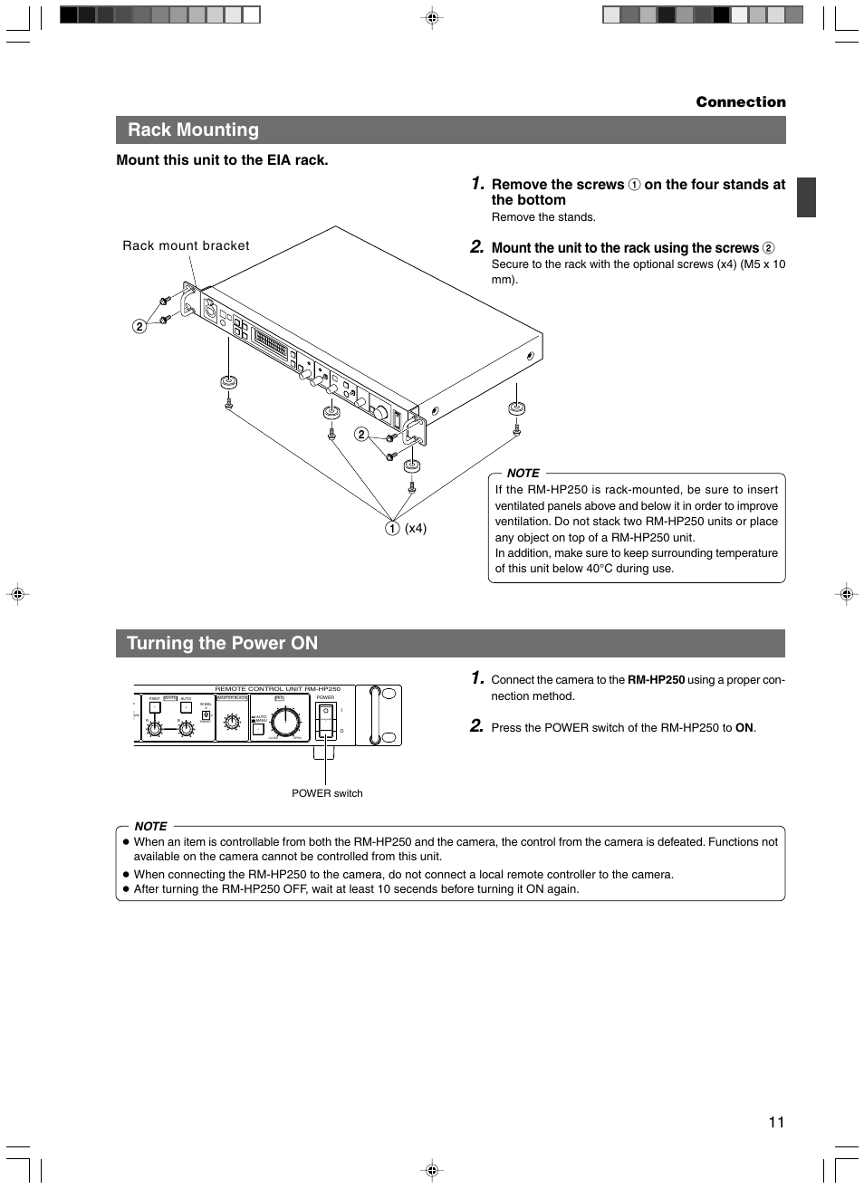 Rack mounting, Turning the power on, Connection | Mount this unit to the eia rack, Mount the unit to the rack using the screws 2 | JVC RM-HP250DE User Manual | Page 21 / 44