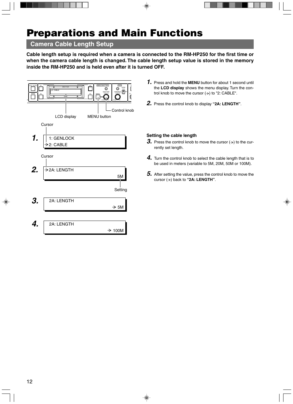 Preparations and main functions, Camera cable length setup | JVC RM-HP250DE User Manual | Page 22 / 44