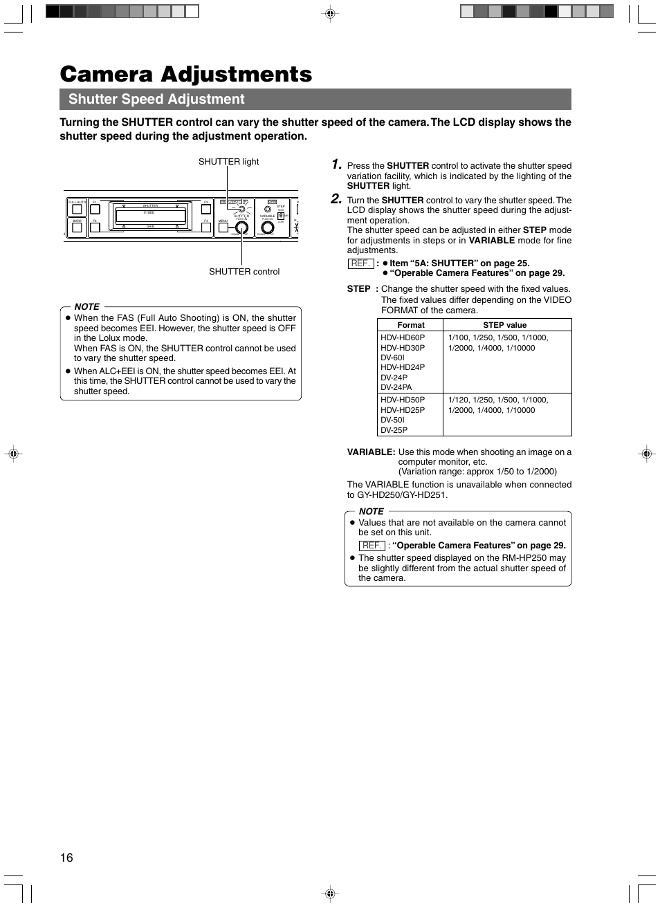 Camera adjustments, Shutter speed adjustment | JVC RM-HP250DE User Manual | Page 26 / 44
