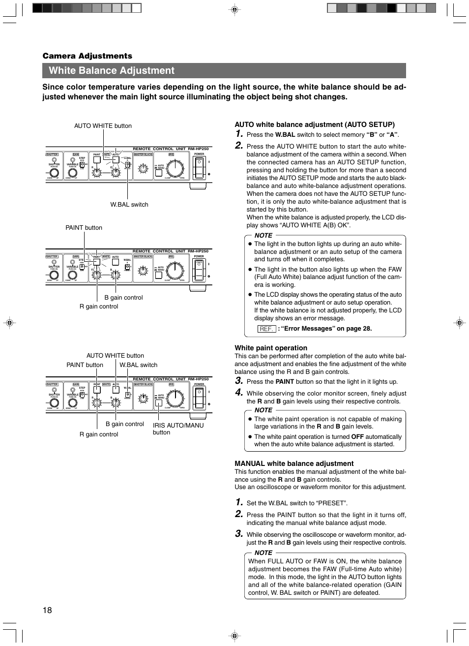 White balance adjustment, Auto white balance adjustment (auto setup), White paint operation | Manual white balance adjustment, Set the w.bal switch to “preset, W.bal switch auto white button, R gain control b gain control paint button | JVC RM-HP250DE User Manual | Page 28 / 44