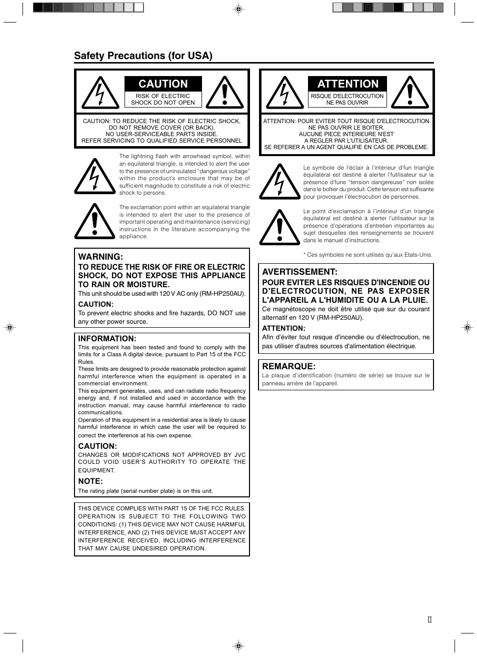 Safety precautions, Caution, Attention | Safety precautions (for usa), Warning, Avertissement, Remarque | JVC RM-HP250DE User Manual | Page 3 / 44