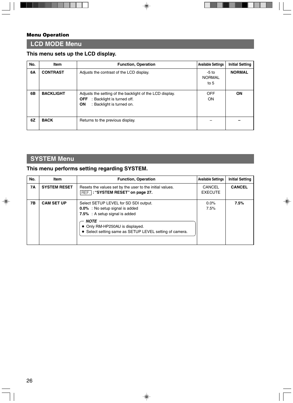 Lcd mode menu, System menu, This menu sets up the lcd display | This menu performs setting regarding system | JVC RM-HP250DE User Manual | Page 36 / 44