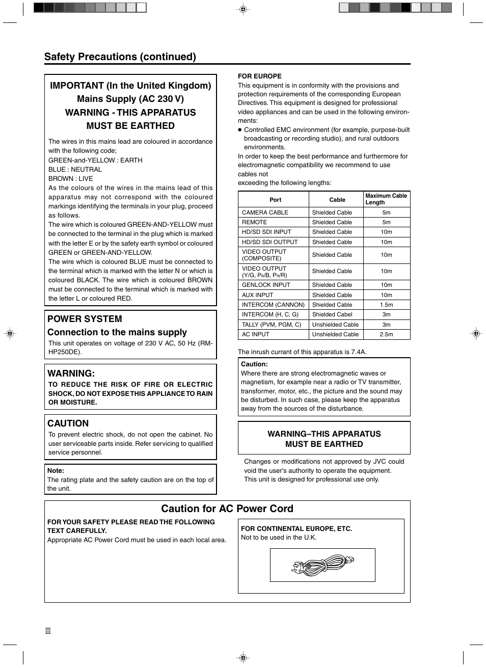 Safety precautions (continued), Caution for ac power cord, Power system connection to the mains supply | Warning, Caution | JVC RM-HP250DE User Manual | Page 4 / 44