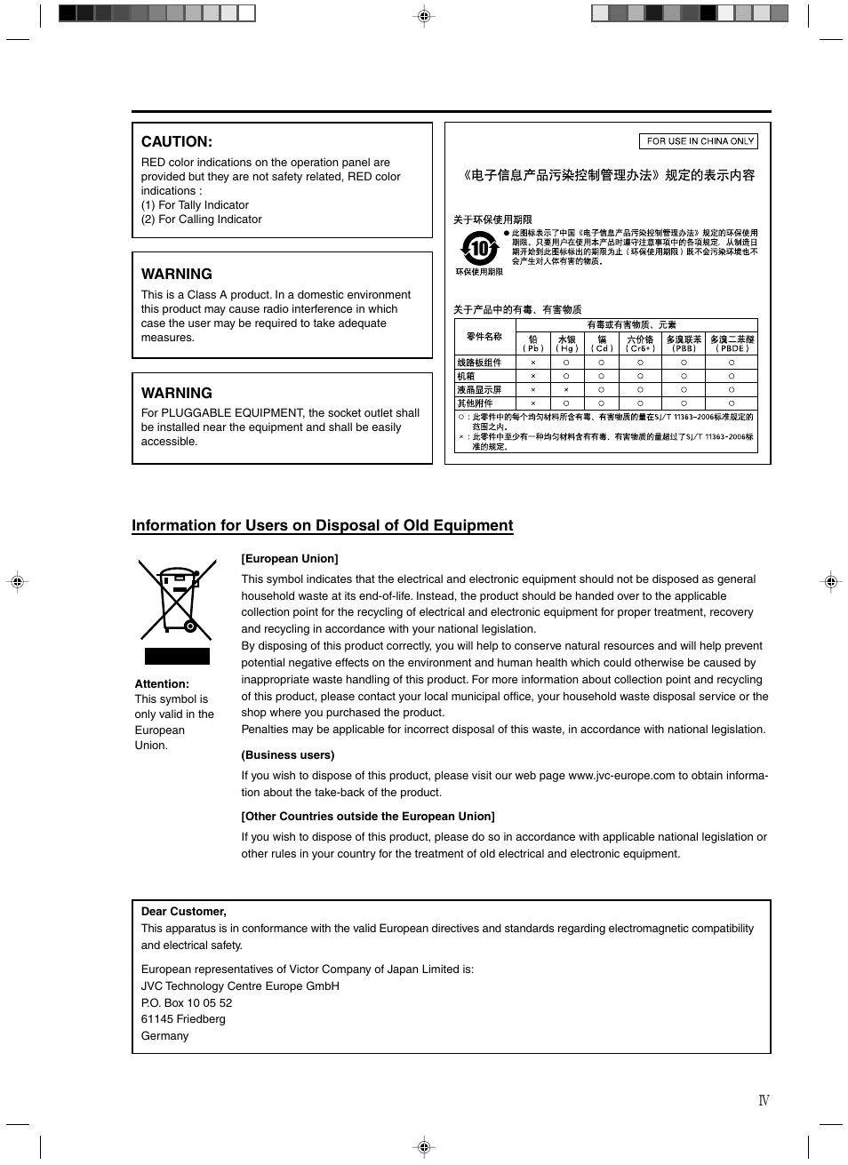 Information for users on disposal of old equipment | JVC RM-HP250DE User Manual | Page 5 / 44