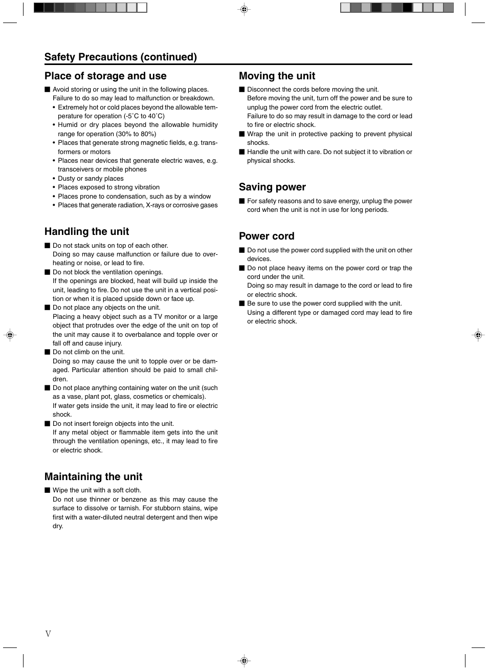 Handling the unit, Maintaining the unit, Moving the unit | Saving power, Power cord | JVC RM-HP250DE User Manual | Page 6 / 44