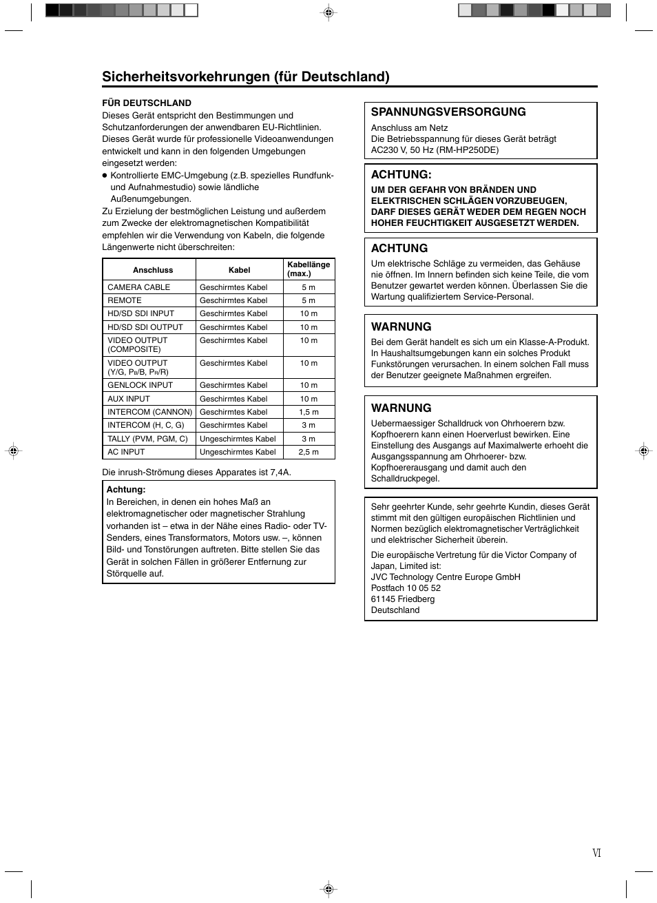 Sicherheitsvorkehrungen (für deutschland), Achtung, Spannungsversorgung | Warnung | JVC RM-HP250DE User Manual | Page 7 / 44