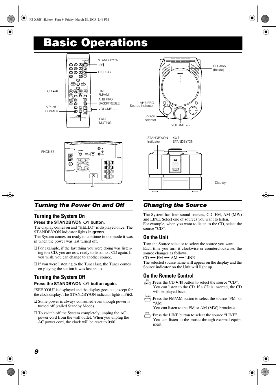 Basic operations, Turning the power on and off turning the system on, Turning the system off | Changing the source, On the unit, On the remote control | JVC 0403MNMCREJEM User Manual | Page 12 / 34