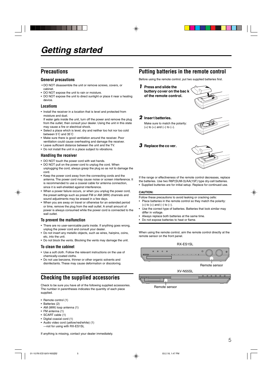 Getting started, Putting batteries in the remote control, Precautions | Checking the supplied accessories | JVC LVT1002-001B User Manual | Page 10 / 75