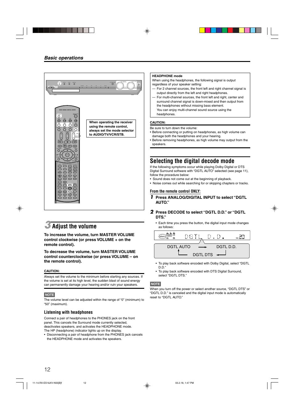 Adjust the volume, Selecting the digital decode mode, Basic operations | Listening with headphones, Dgtl auto dgtl dts dgtl d.d, Press analog/digital input to select “dgtl auto, Press decode to select “dgtl d.d.” or “dgtl dts | JVC LVT1002-001B User Manual | Page 17 / 75