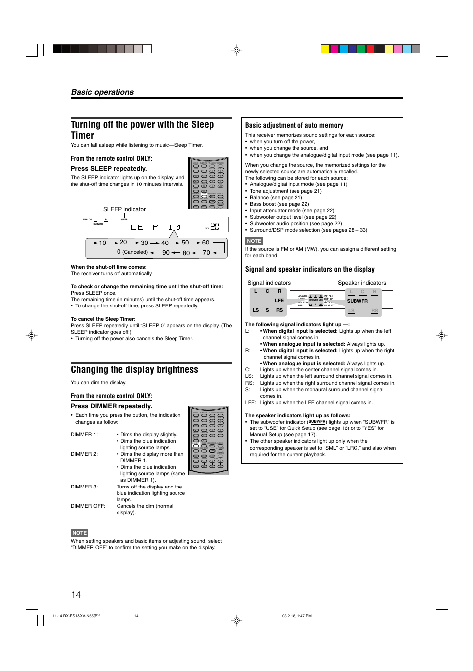 Turning off the power with the sleep timer, Changing the display brightness, Basic operations | Signal and speaker indicators on the display, Signal indicators speaker indicators, Sleep indicator, Canceled), You can dim the display | JVC LVT1002-001B User Manual | Page 19 / 75