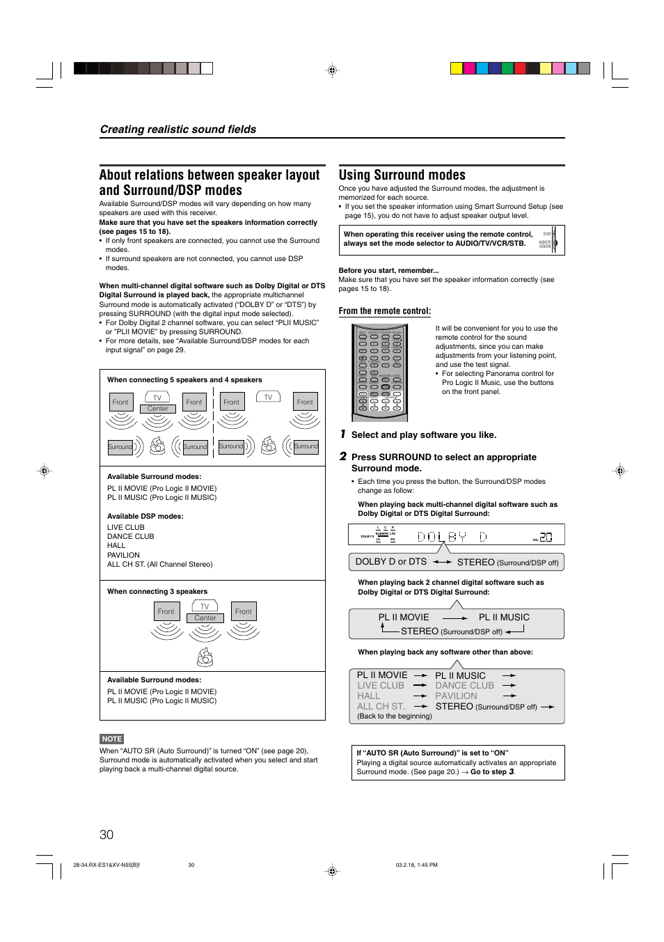 Using surround modes, Creating realistic sound fields, Select and play software you like | Stereo, Dolby d or dts, Pl ii movie pl ii music stereo, Live club pavilion hall dance club all ch st | JVC LVT1002-001B User Manual | Page 35 / 75