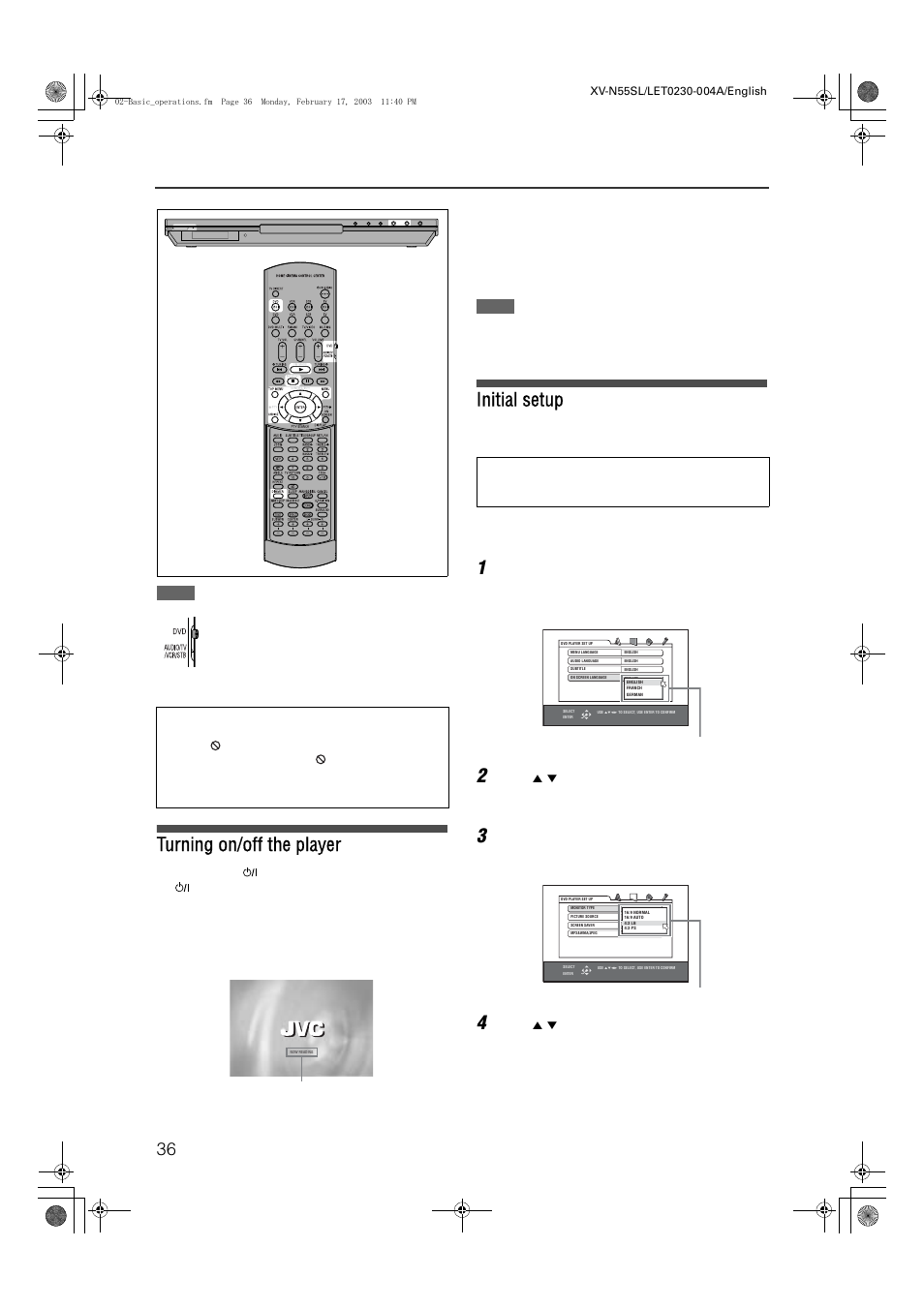 Basic operations, Xv-n55sl, Turning on/off the player | Initial setup, Press enter, Press 5 / ∞ to select the desired language, Press 5 / ∞ to select the desired monitor type | JVC LVT1002-001B User Manual | Page 41 / 75