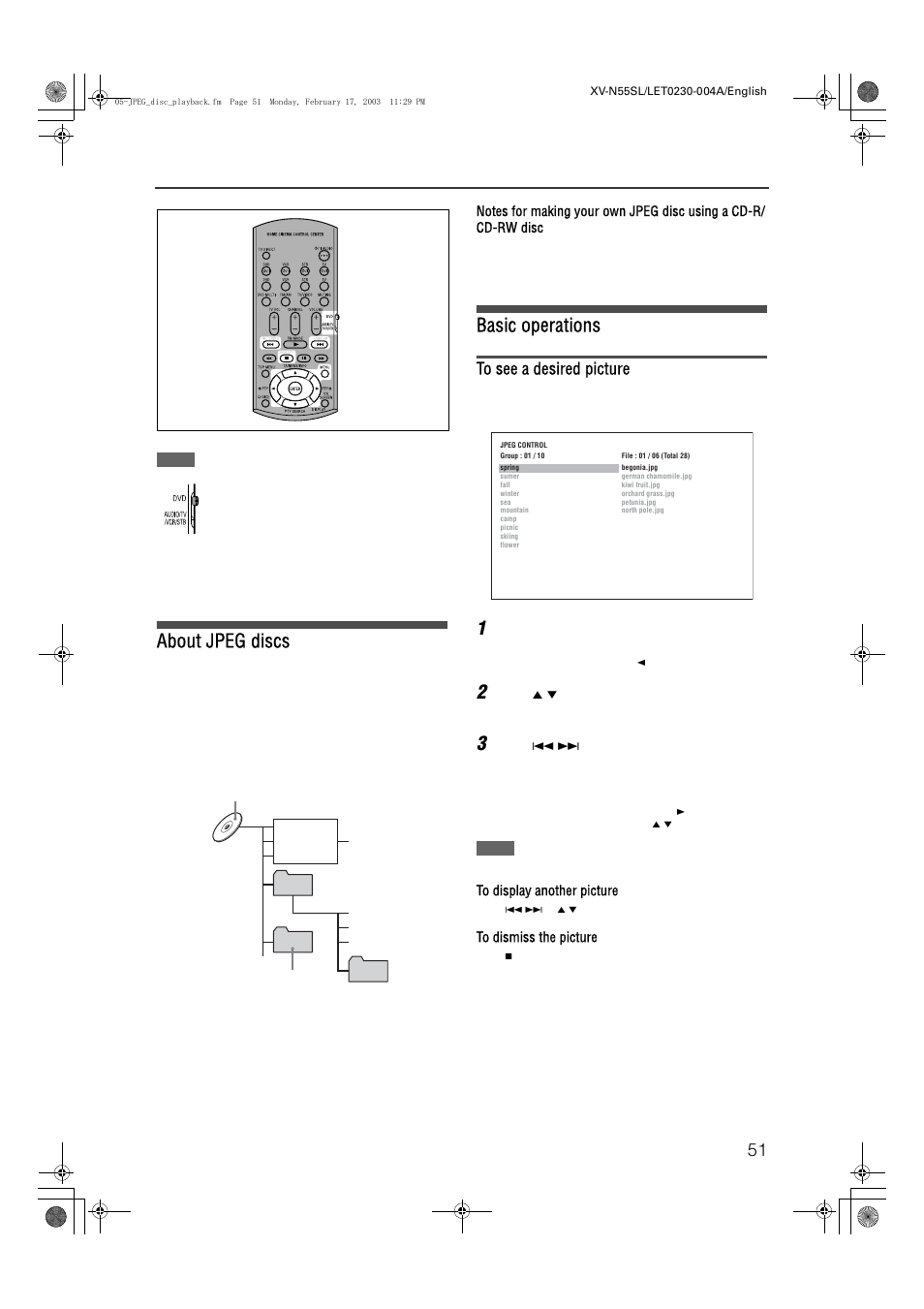Jpeg disc playback, Xv-n55sl, About jpeg discs | Basic operations | JVC LVT1002-001B User Manual | Page 56 / 75