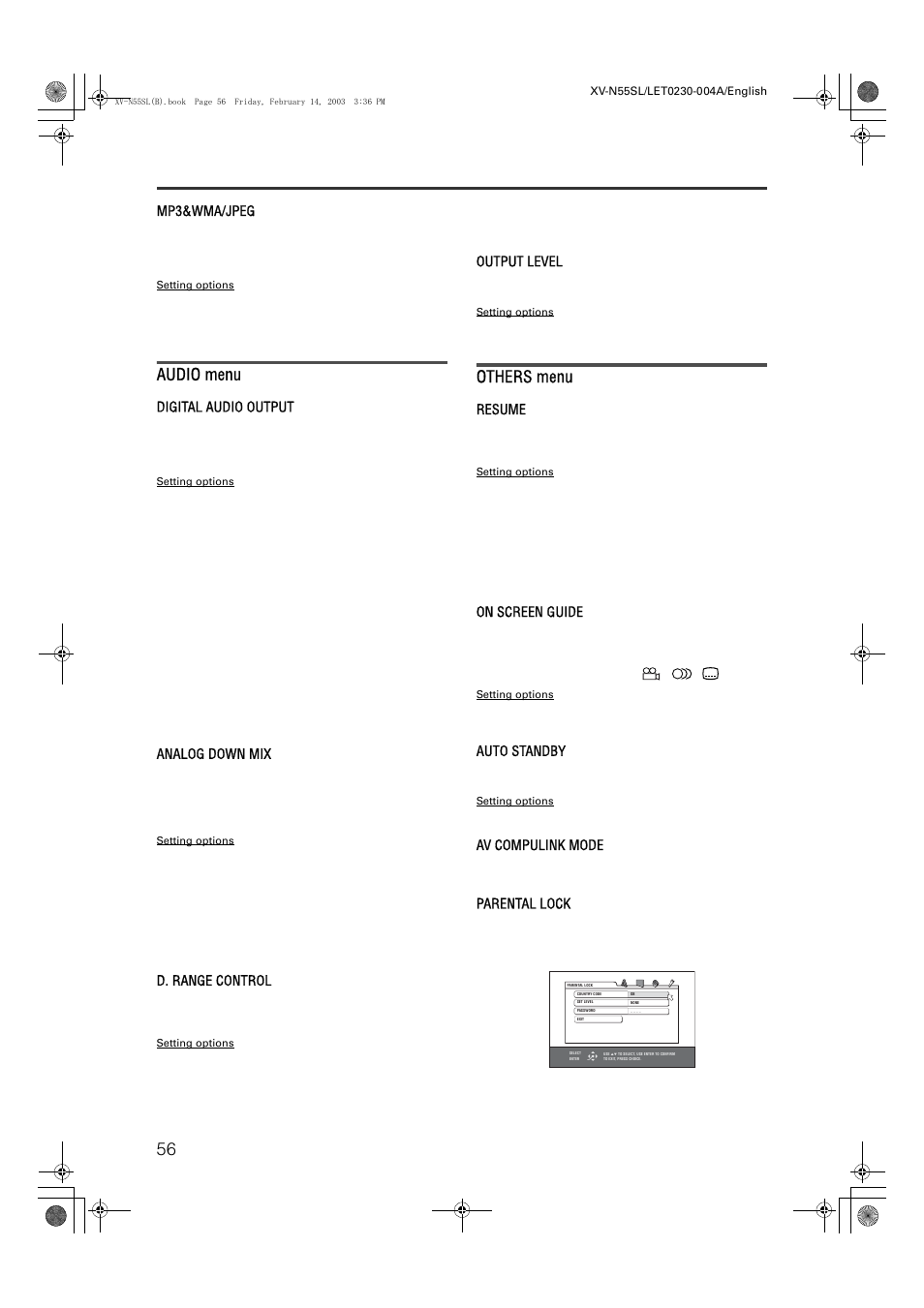 Audio menu, Others menu, Changing the initial settings | Mp3&wma/jpeg, Digital audio output, Analog down mix, D. range control, Output level, Resume, On screen guide | JVC LVT1002-001B User Manual | Page 61 / 75