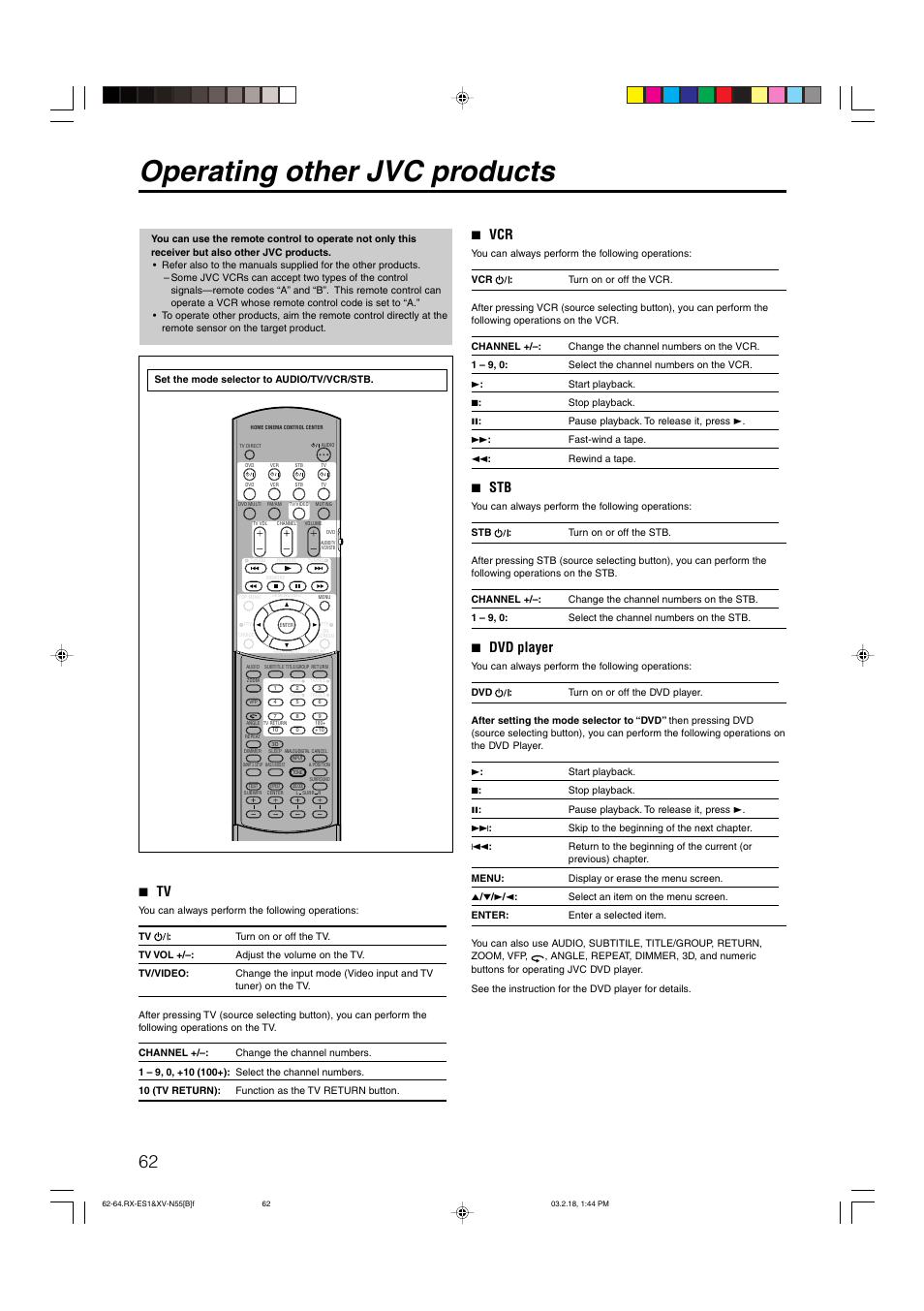 Operating other jvc products, 7 vcr, 7 stb | 7 dvd player, 7 tv | JVC LVT1002-001B User Manual | Page 67 / 75