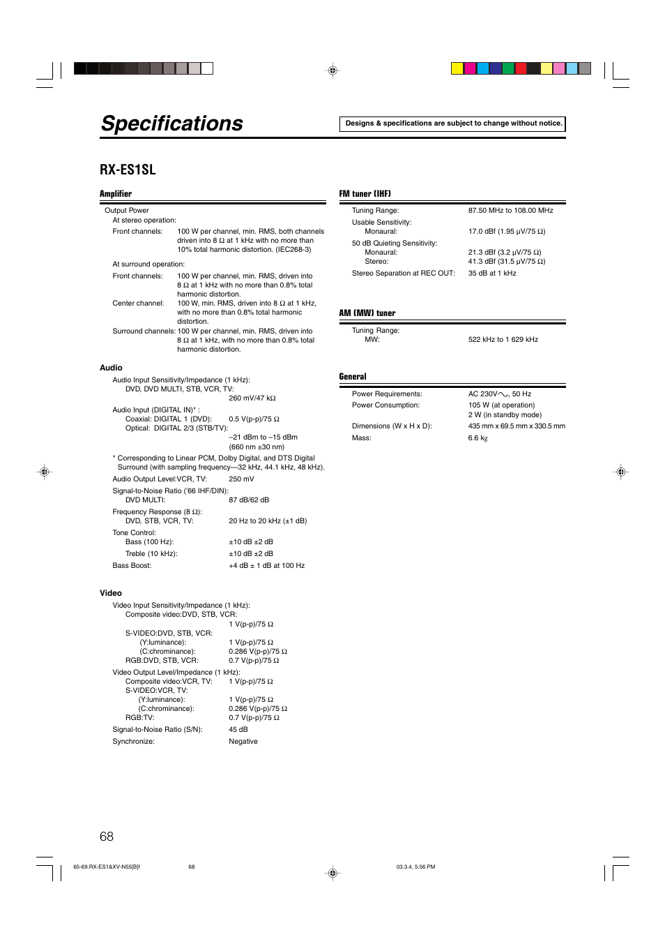 Specifications, Rx-es1sl | JVC LVT1002-001B User Manual | Page 73 / 75