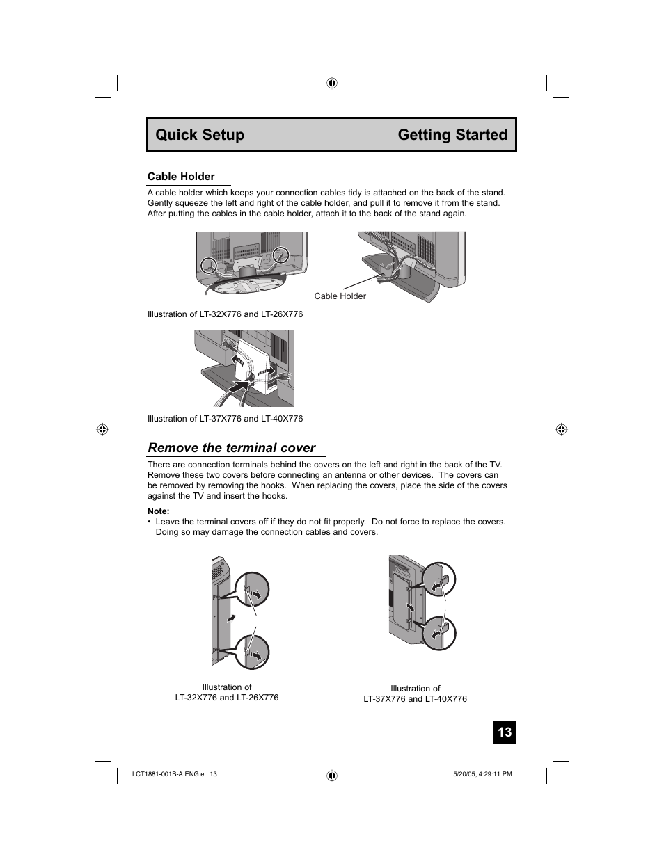 Quick setup getting started, Remove the terminal cover | JVC 0505TNH-II-IM User Manual | Page 13 / 96