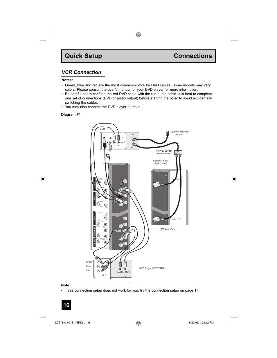 Quick setup connections, Vcr connection | JVC 0505TNH-II-IM User Manual | Page 16 / 96