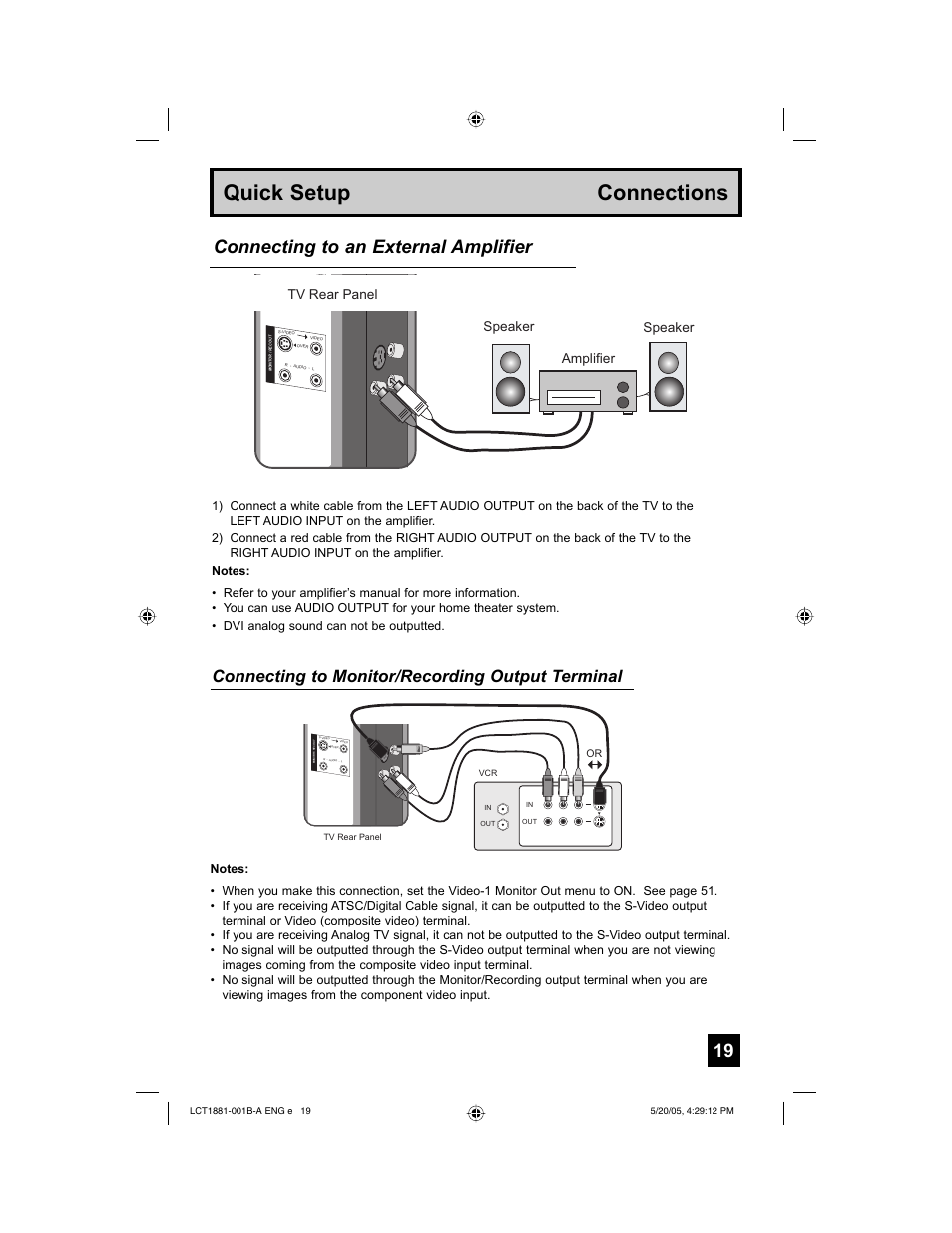 Quick setup connections, Connecting to an external amplifier, Connecting to monitor/recording output terminal | Tv rear panel speaker speaker amplifier | JVC 0505TNH-II-IM User Manual | Page 19 / 96