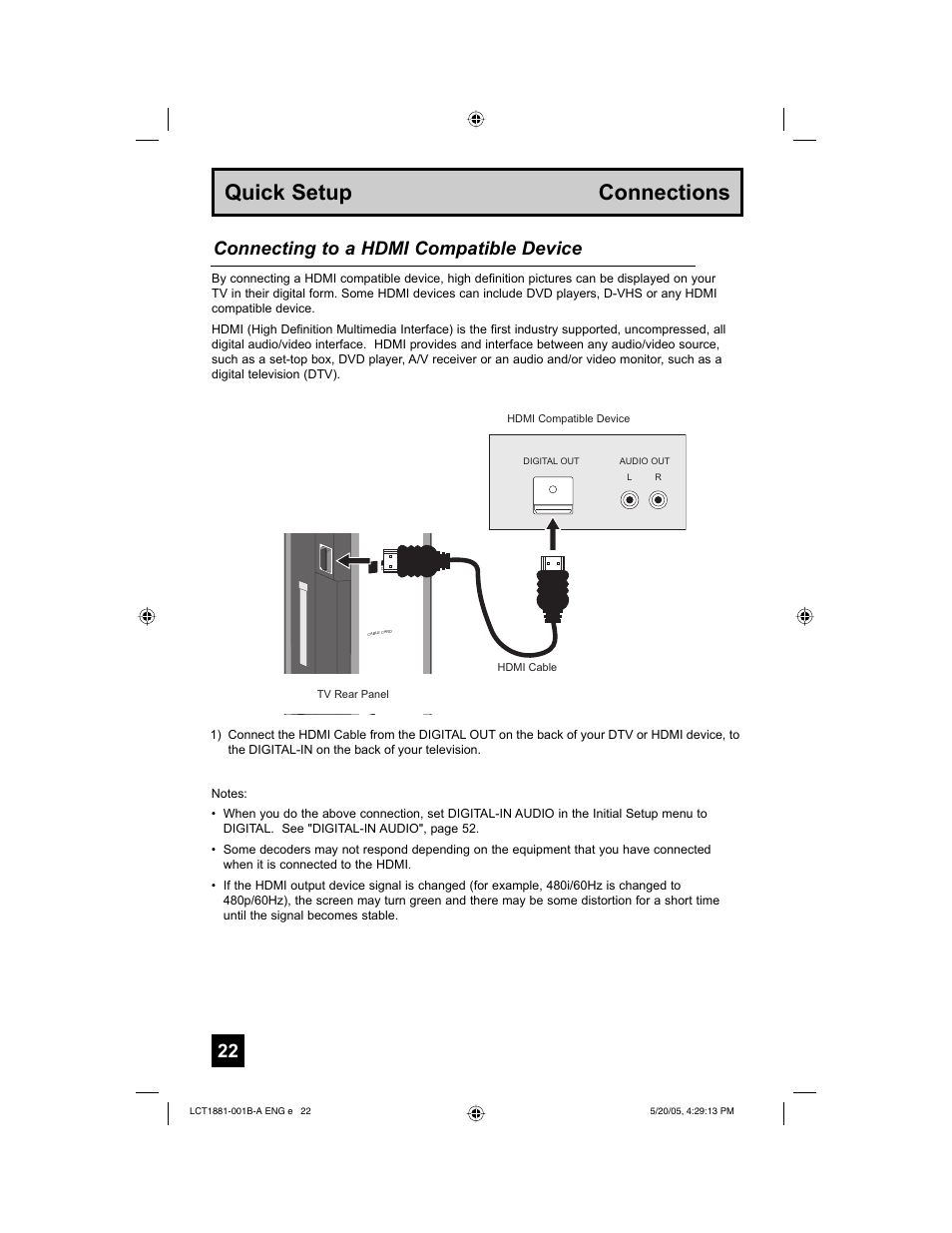 Quick setup connections, Connecting to a hdmi compatible device | JVC 0505TNH-II-IM User Manual | Page 22 / 96