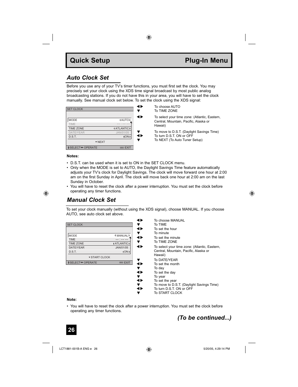 Quick setup plug-in menu, Manual clock set, Auto clock set (to be continued...) | JVC 0505TNH-II-IM User Manual | Page 26 / 96