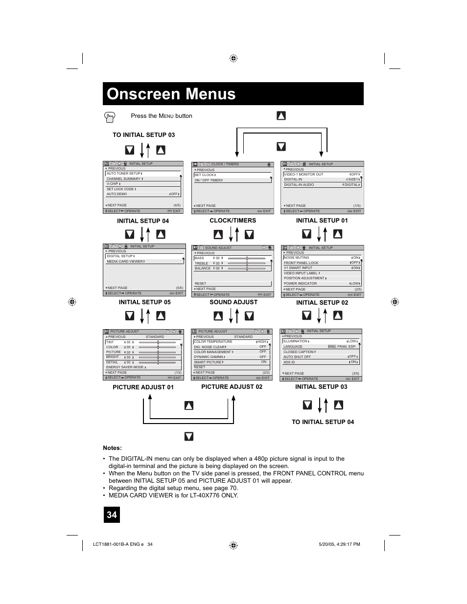 Onscreen menus, Press the m, Button | Clock/timers, Initial setup 03 initial setup 02, Initial setup 01, Initial setup 05 | JVC 0505TNH-II-IM User Manual | Page 34 / 96