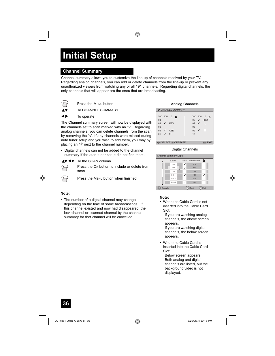 Initial setup, Channel summary | JVC 0505TNH-II-IM User Manual | Page 36 / 96