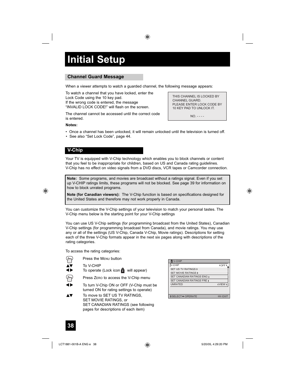 Initial setup, Channel guard message, V-chip | JVC 0505TNH-II-IM User Manual | Page 38 / 96