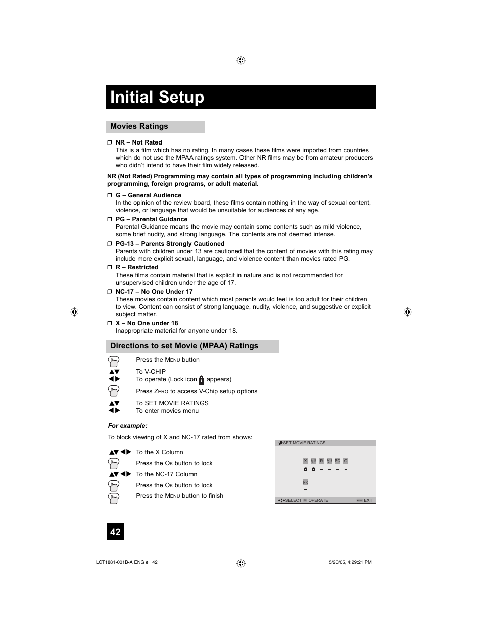 Initial setup, Movies ratings, Directions to set movie (mpaa) ratings | JVC 0505TNH-II-IM User Manual | Page 42 / 96