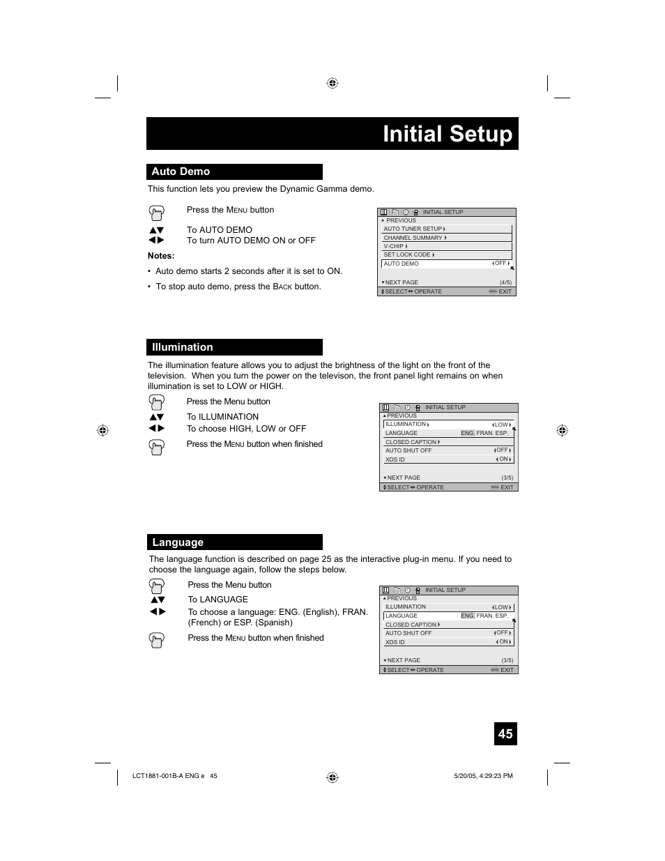 Initial setup, Auto demo, Illumination | Language | JVC 0505TNH-II-IM User Manual | Page 45 / 96
