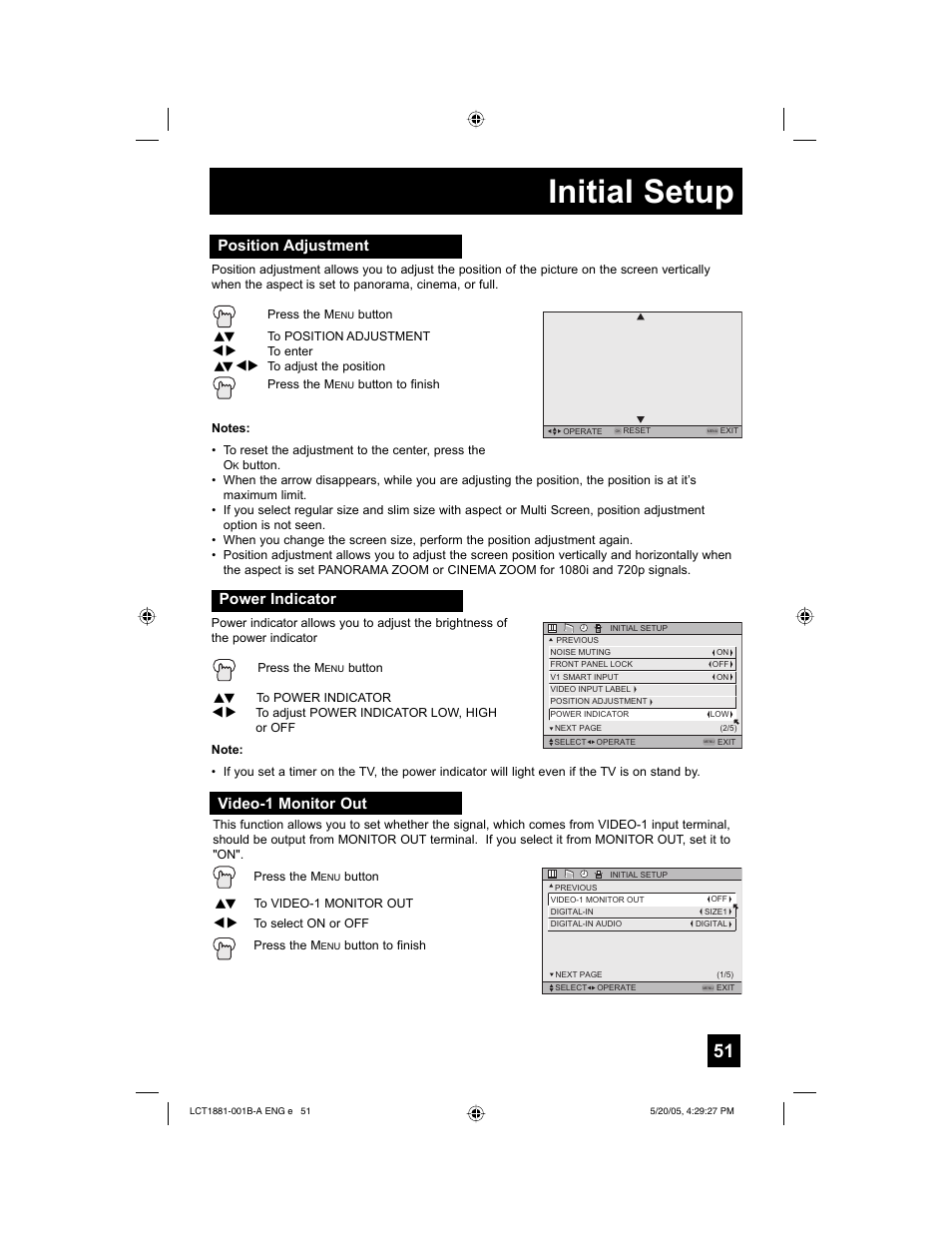Initial setup, Power indicator, Position adjustment | Video-1 monitor out | JVC 0505TNH-II-IM User Manual | Page 51 / 96