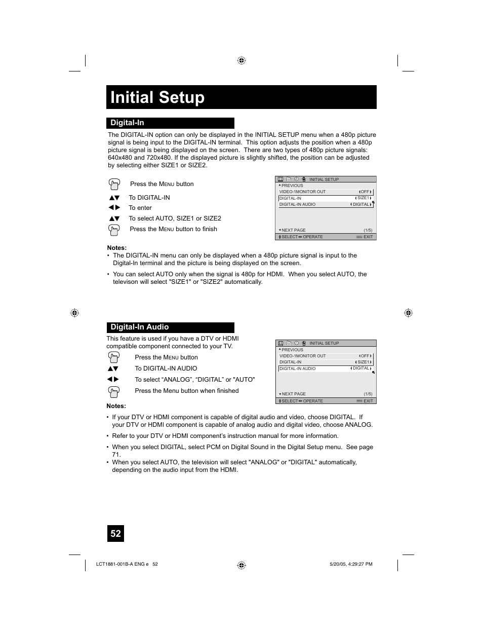 Initial setup, Digital-in, Digital-in audio | JVC 0505TNH-II-IM User Manual | Page 52 / 96