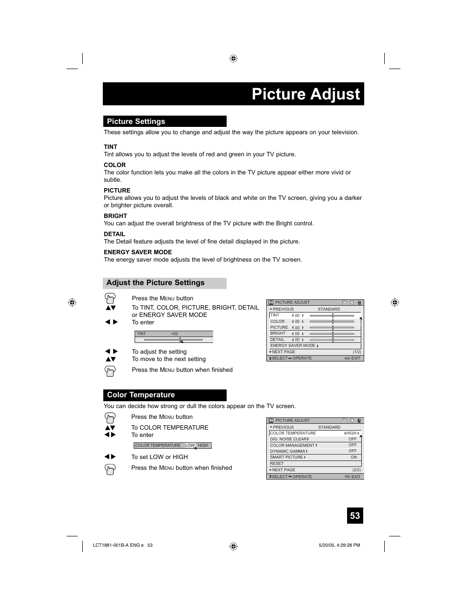 Picture adjust | JVC 0505TNH-II-IM User Manual | Page 53 / 96