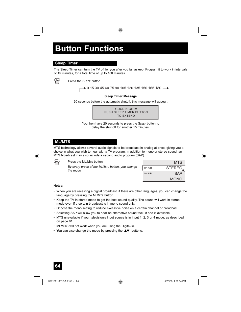 Button functions | JVC 0505TNH-II-IM User Manual | Page 64 / 96
