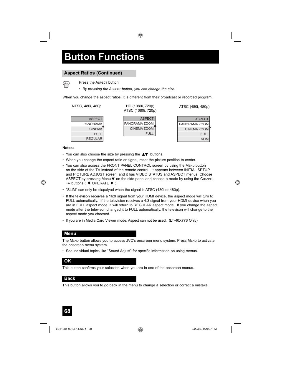 Button functions | JVC 0505TNH-II-IM User Manual | Page 68 / 96