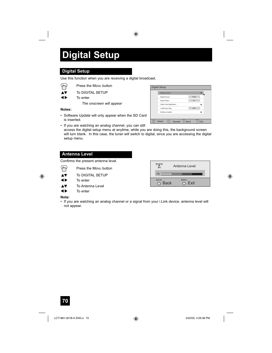 Digital setup, Antenna level | JVC 0505TNH-II-IM User Manual | Page 70 / 96