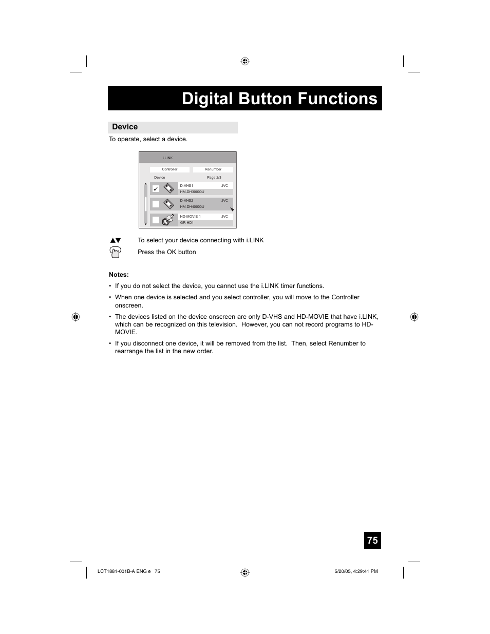 Digital button functions, Device | JVC 0505TNH-II-IM User Manual | Page 75 / 96