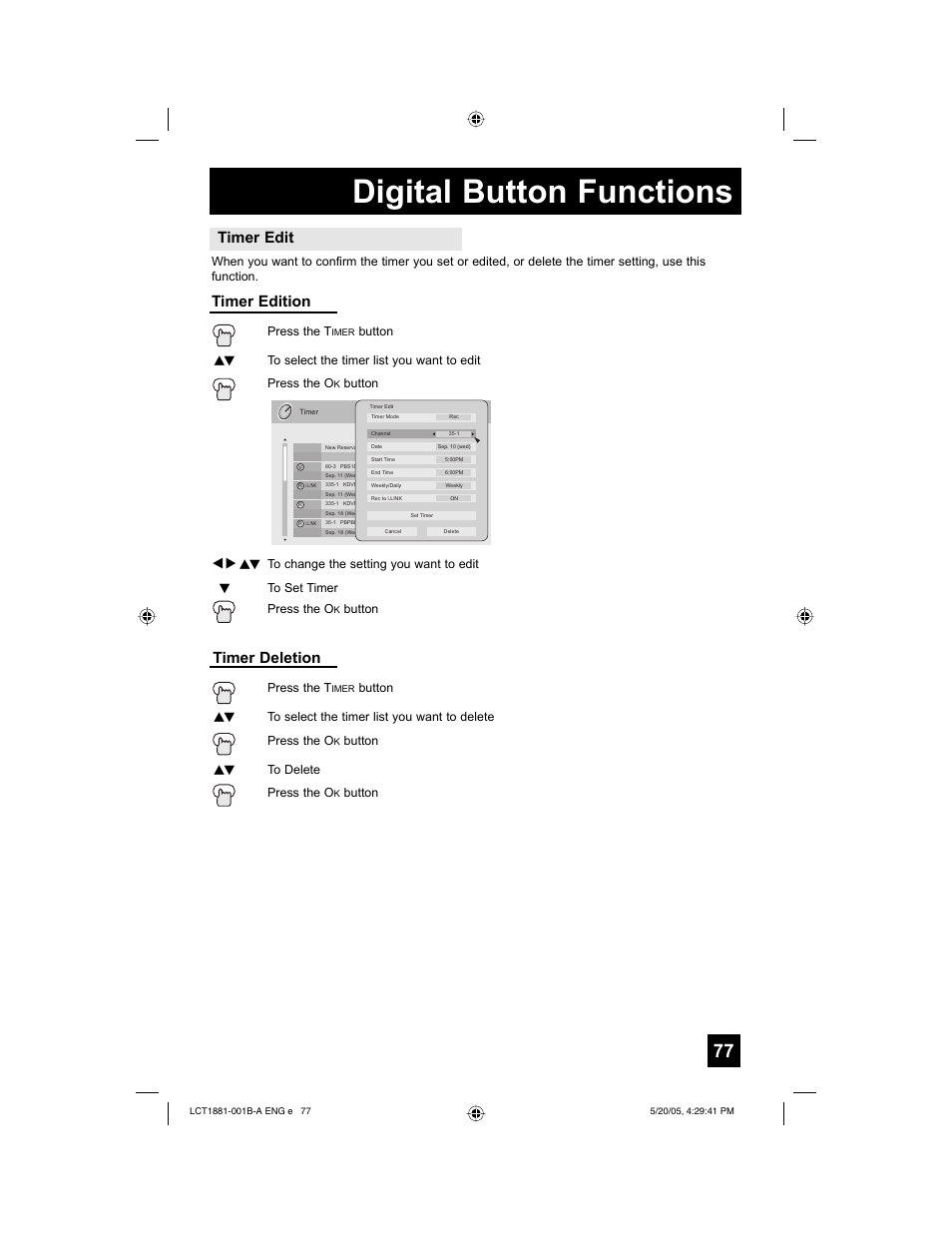 Digital button functions, Timer edit, Timer edition | Timer deletion | JVC 0505TNH-II-IM User Manual | Page 77 / 96
